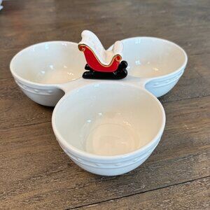 Nora Fleming Ceramic Pearl Triple Bowl Serving Dish WITH Sleigh Bells Ring Mini